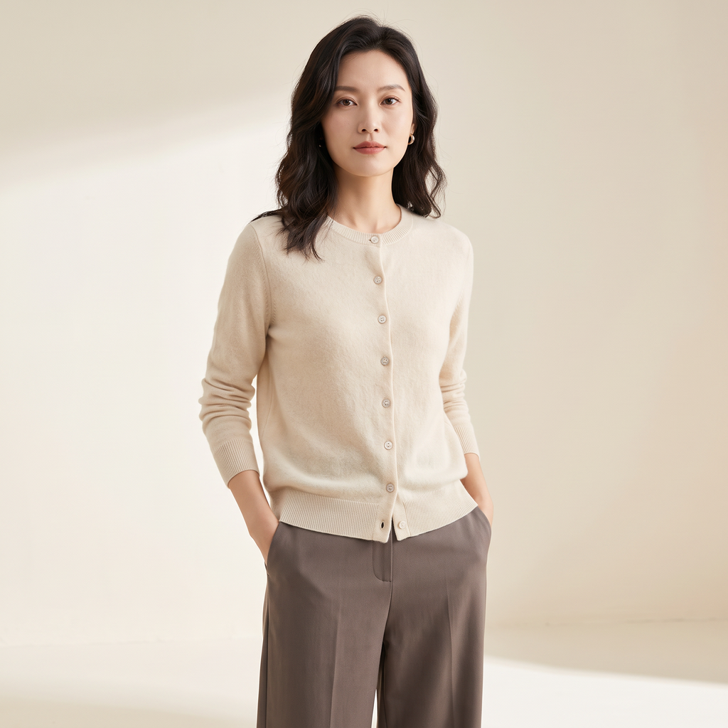 Cardigan donna crema in maglia fine indossato a figura intera