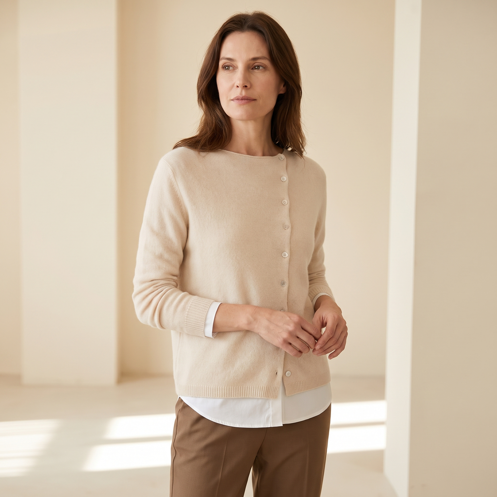 Cardigan donna crema indossato su una camicia con pantaloni sartoriali