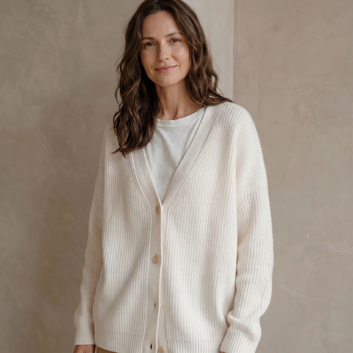 Cardigan donna oversize a coste con scollo a V in avorio