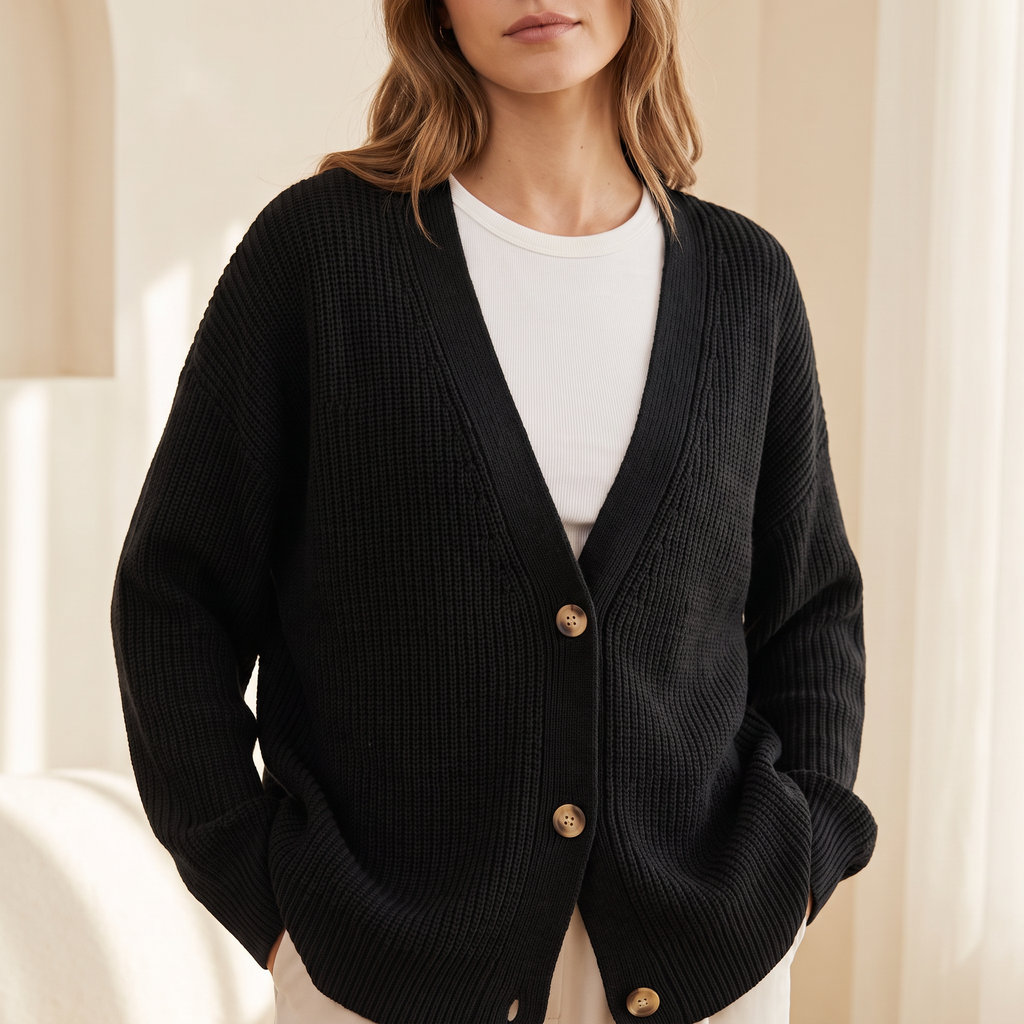 Cardigan donna oversize a coste con scollo a V in nero, indossato