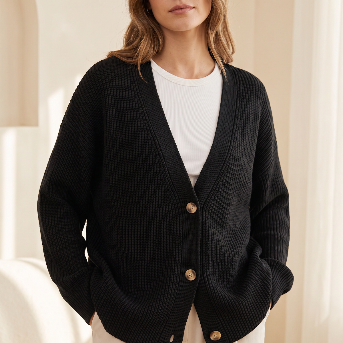 Cardigan donna oversize a coste con scollo a V in nero, indossato