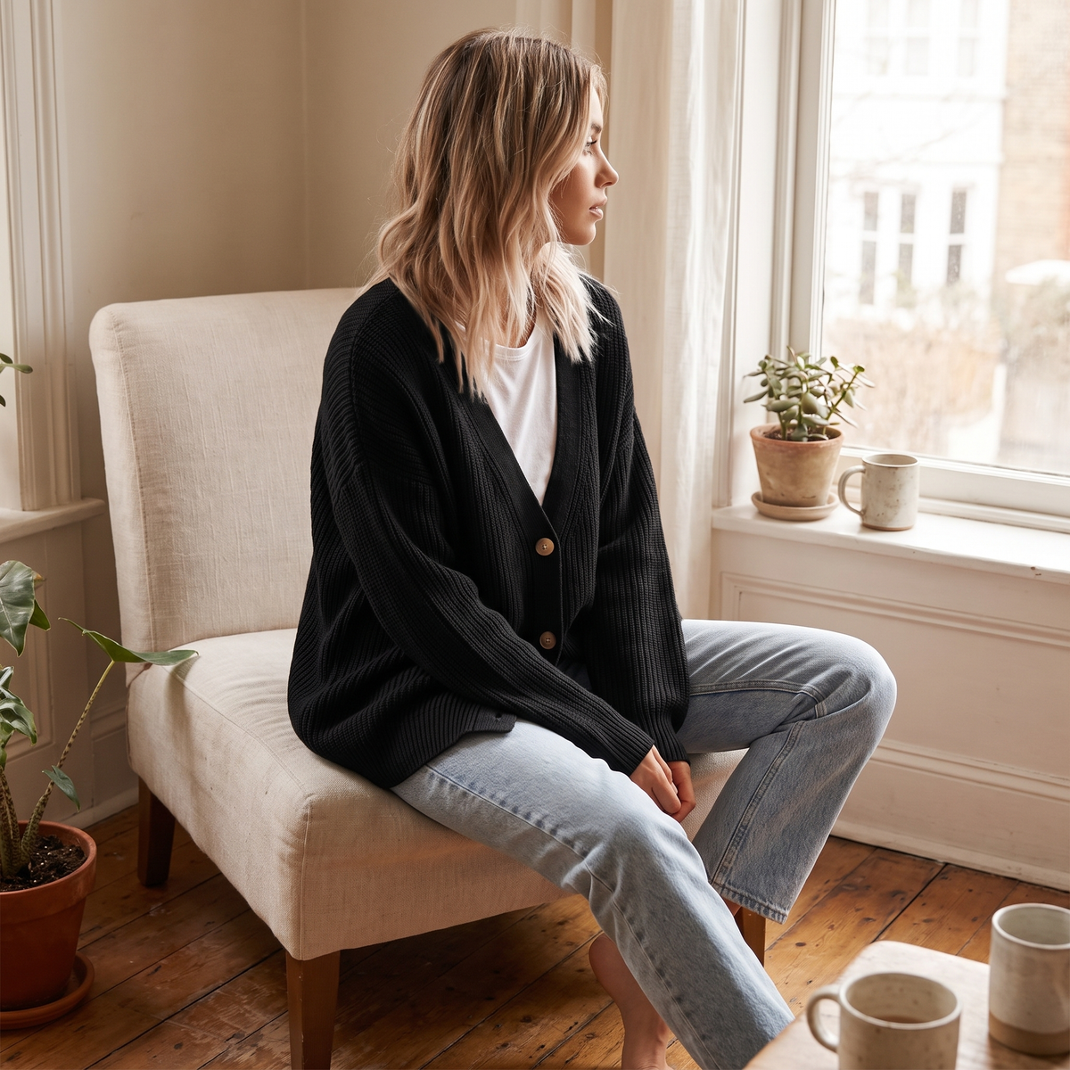 Cardigan donna oversize a coste in nero indossato in interni
