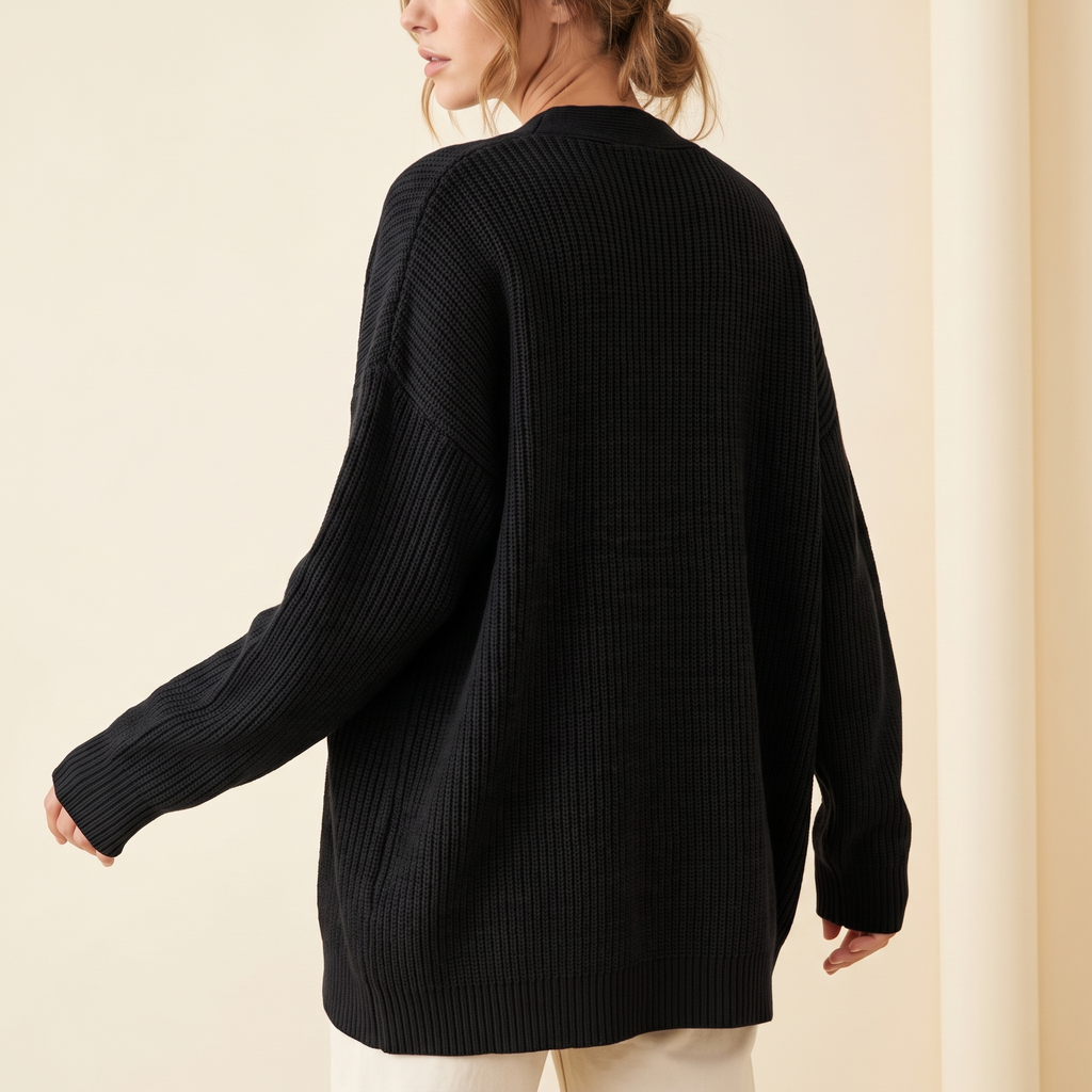 Cardigan donna oversize a coste in nero, vista posteriore