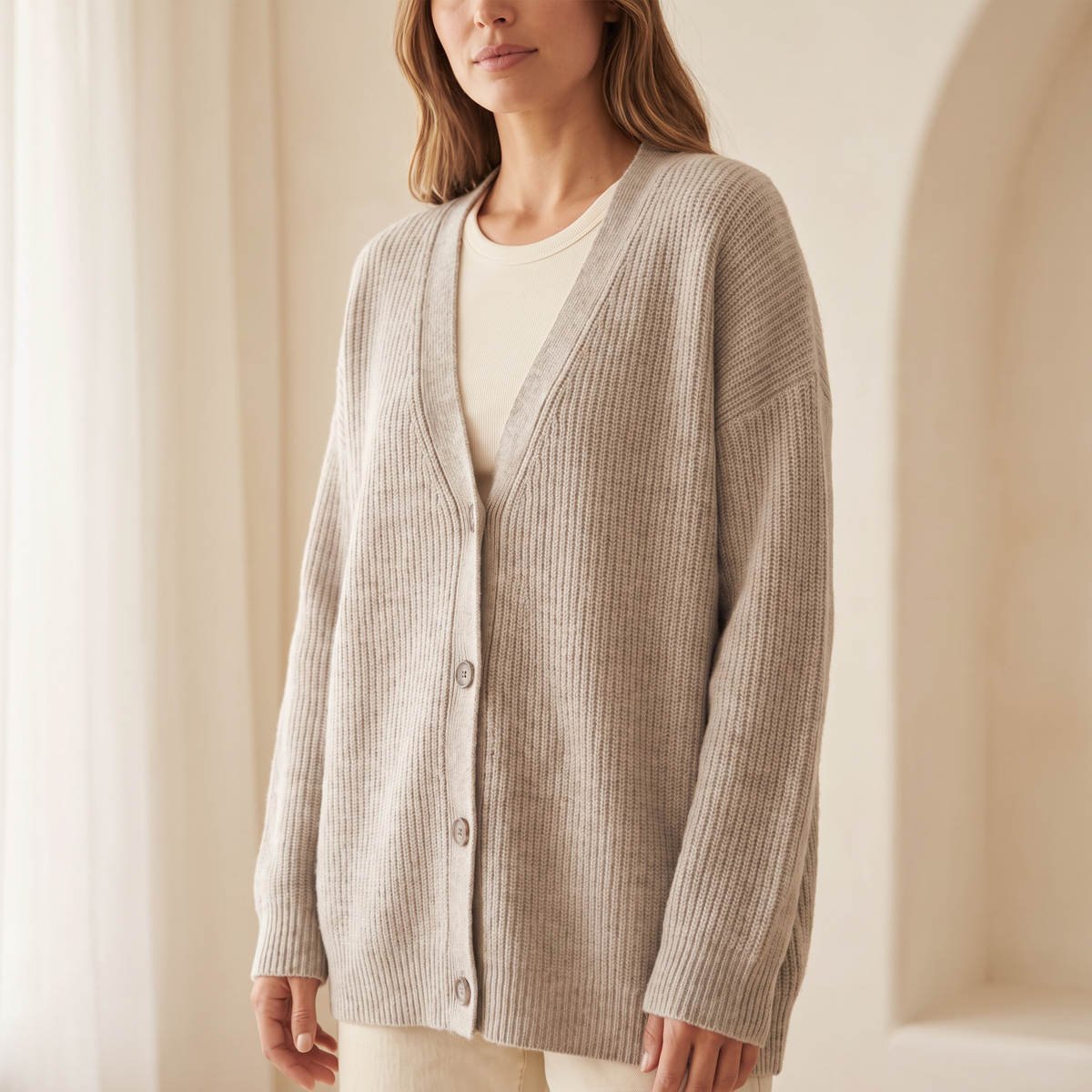 Cardigan donna oversize a coste con scollo a V in pietra