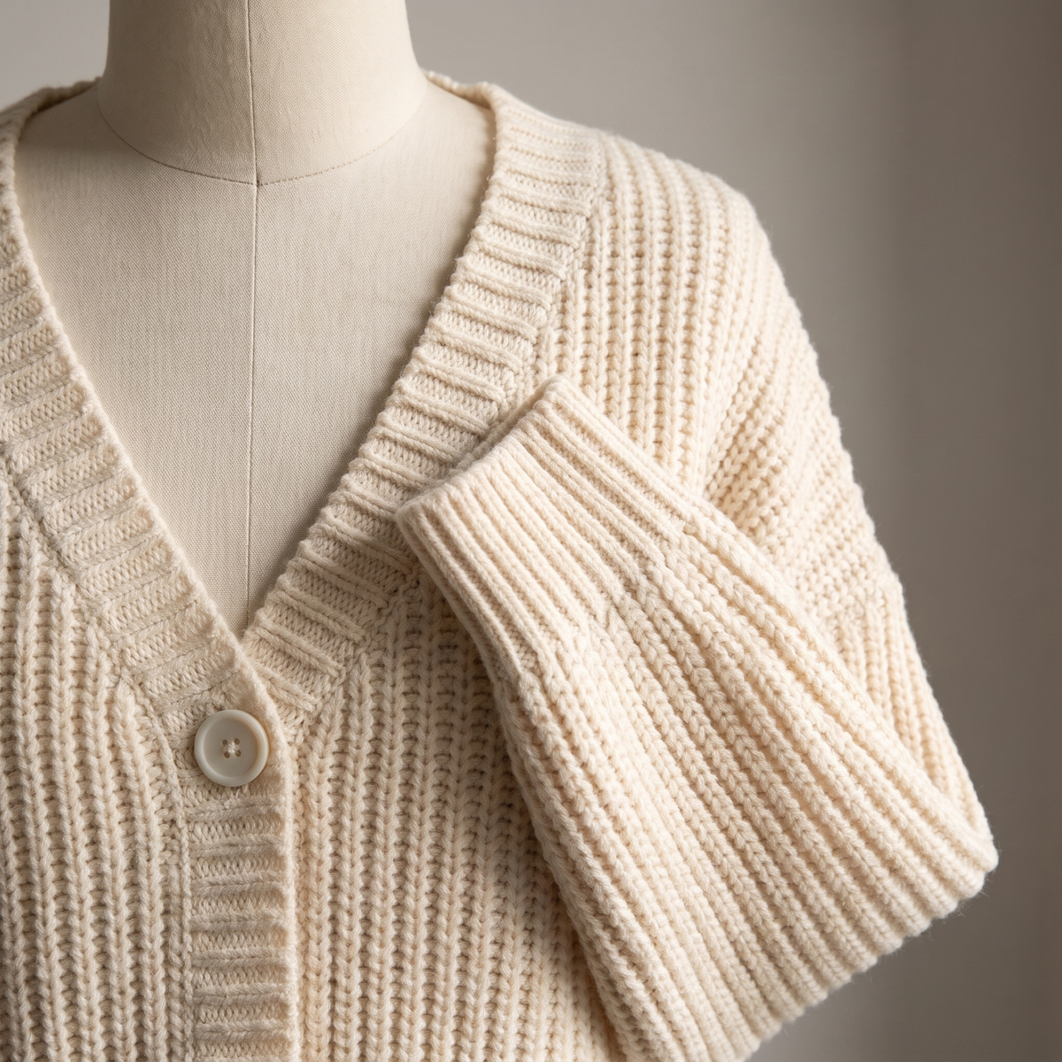 Dettaglio dello scollo a V e del punto di maglia del cardigan donna crema