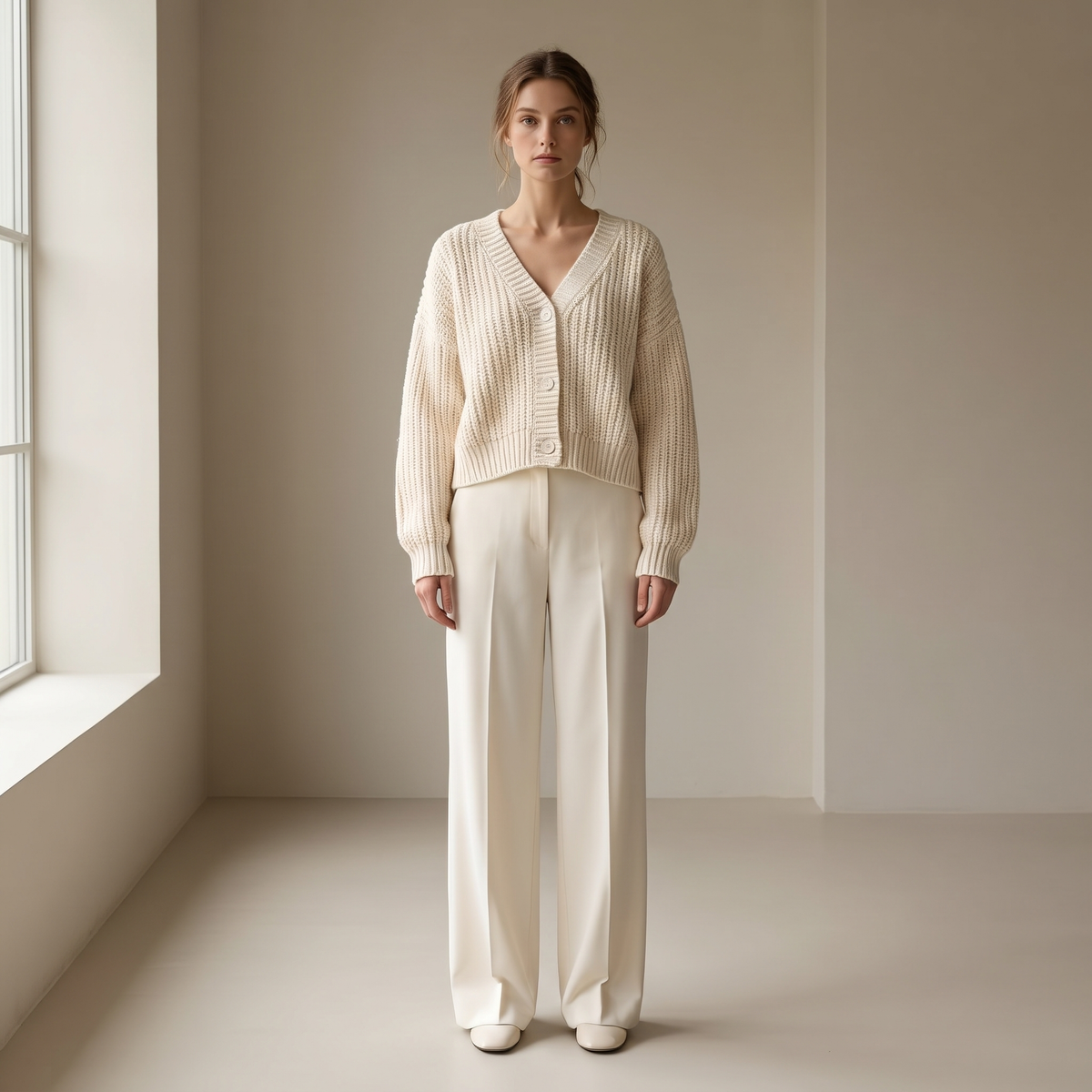 Cardigan donna corto in maglia grossa crema indossato, figura intera