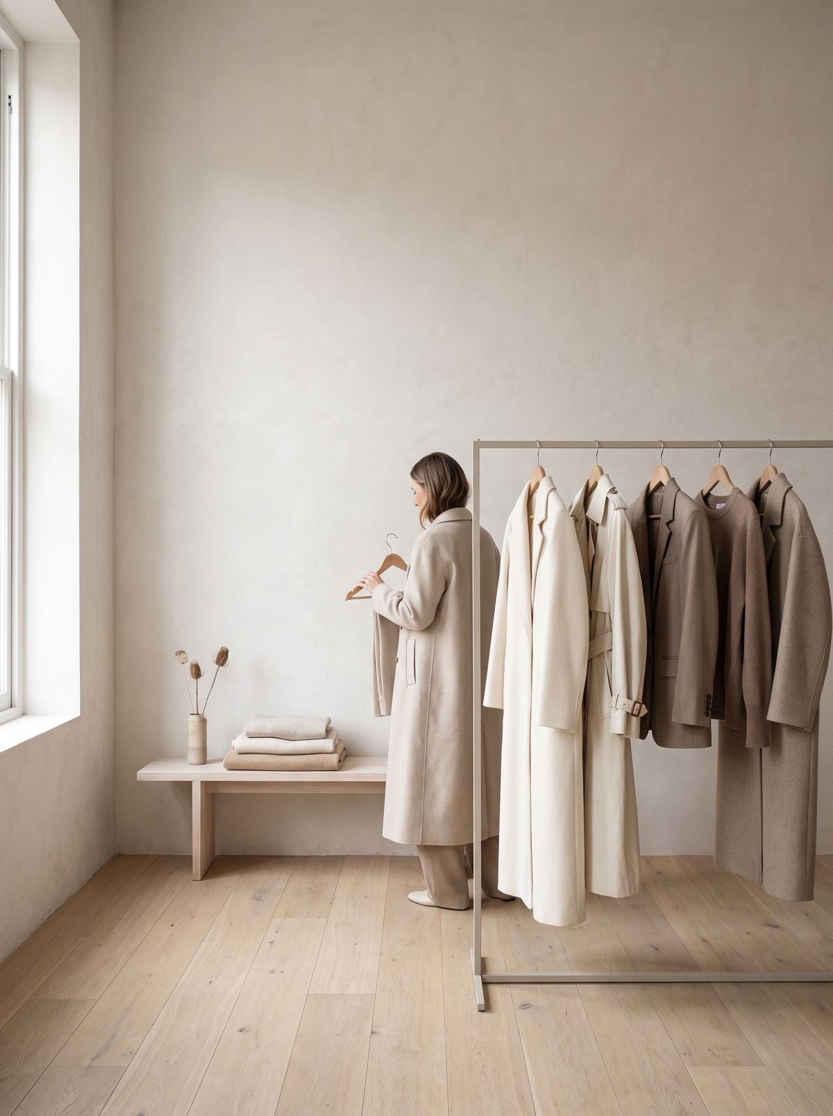 Atelier Maurada: capi da donna in tonalità neutre appesi a un appendiabiti, con luce naturale