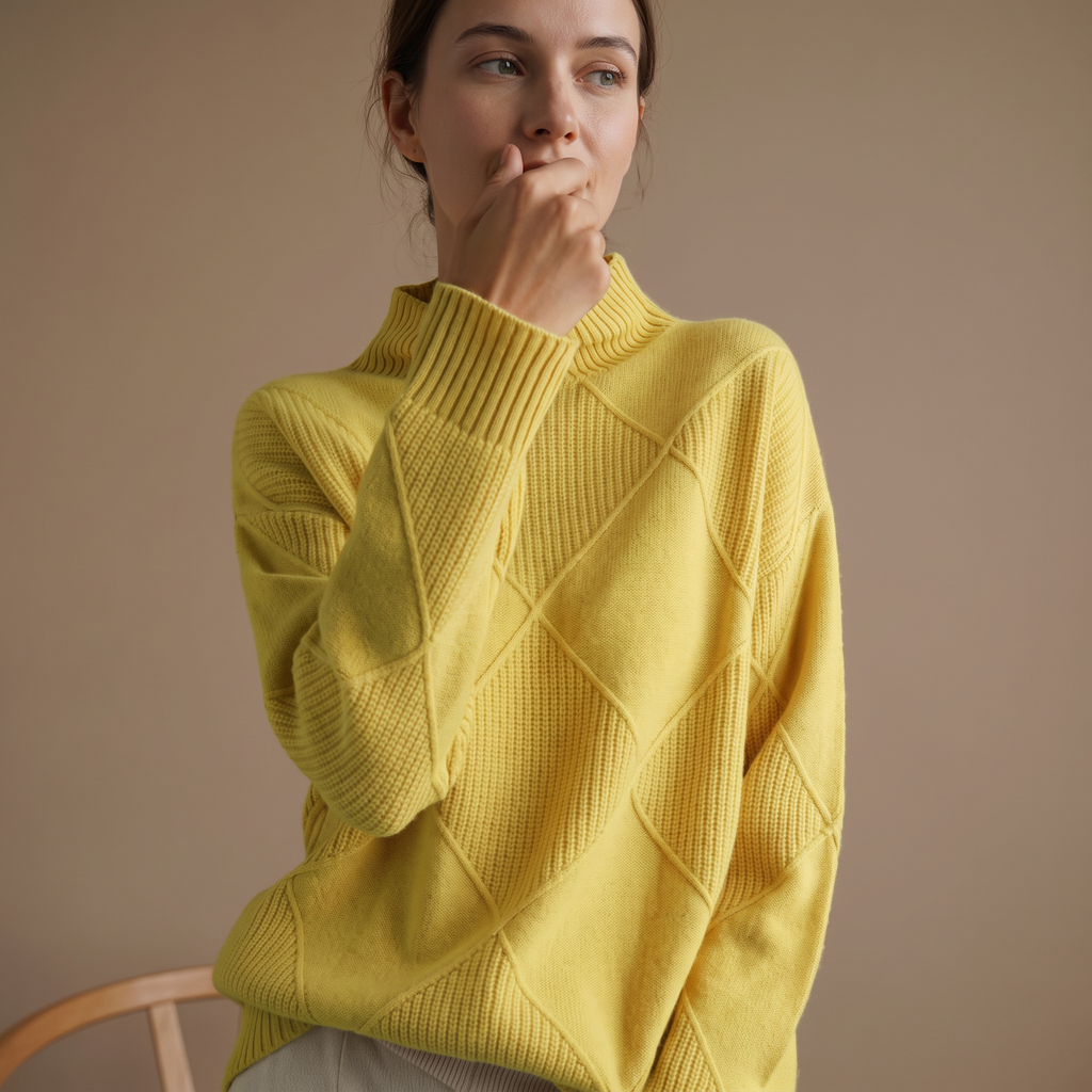 Dolcevita donna con motivo argyle giallo indossato in contesto quotidiano