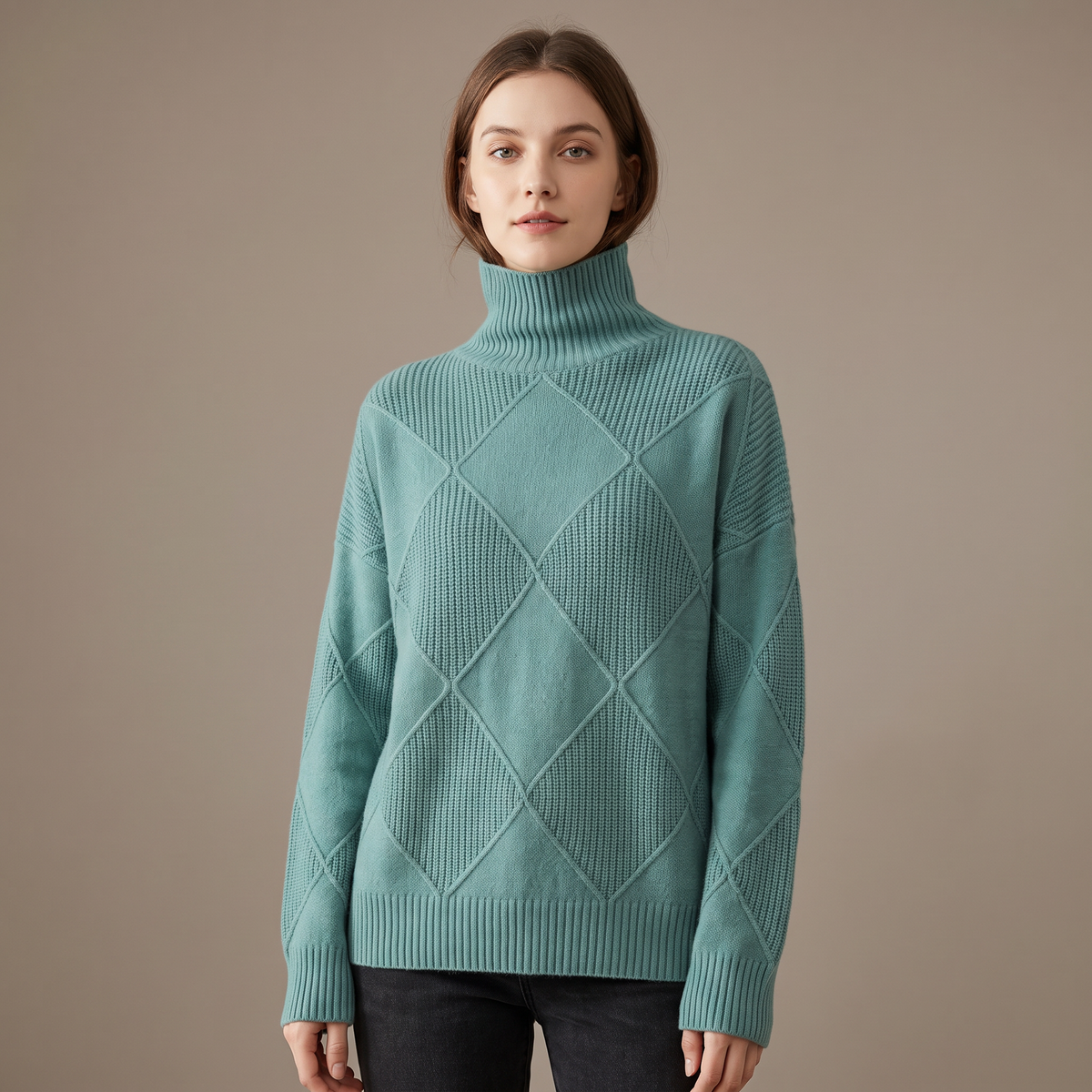 Dolcevita donna con motivo argyle turchese, vista frontale
