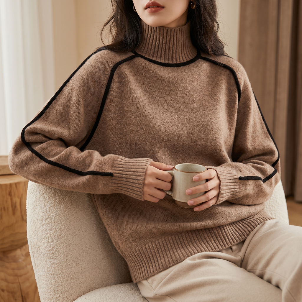 Dolcevita donna con profili a contrasto e bordi a coste, colore marrone mocha, scatto lifestyle