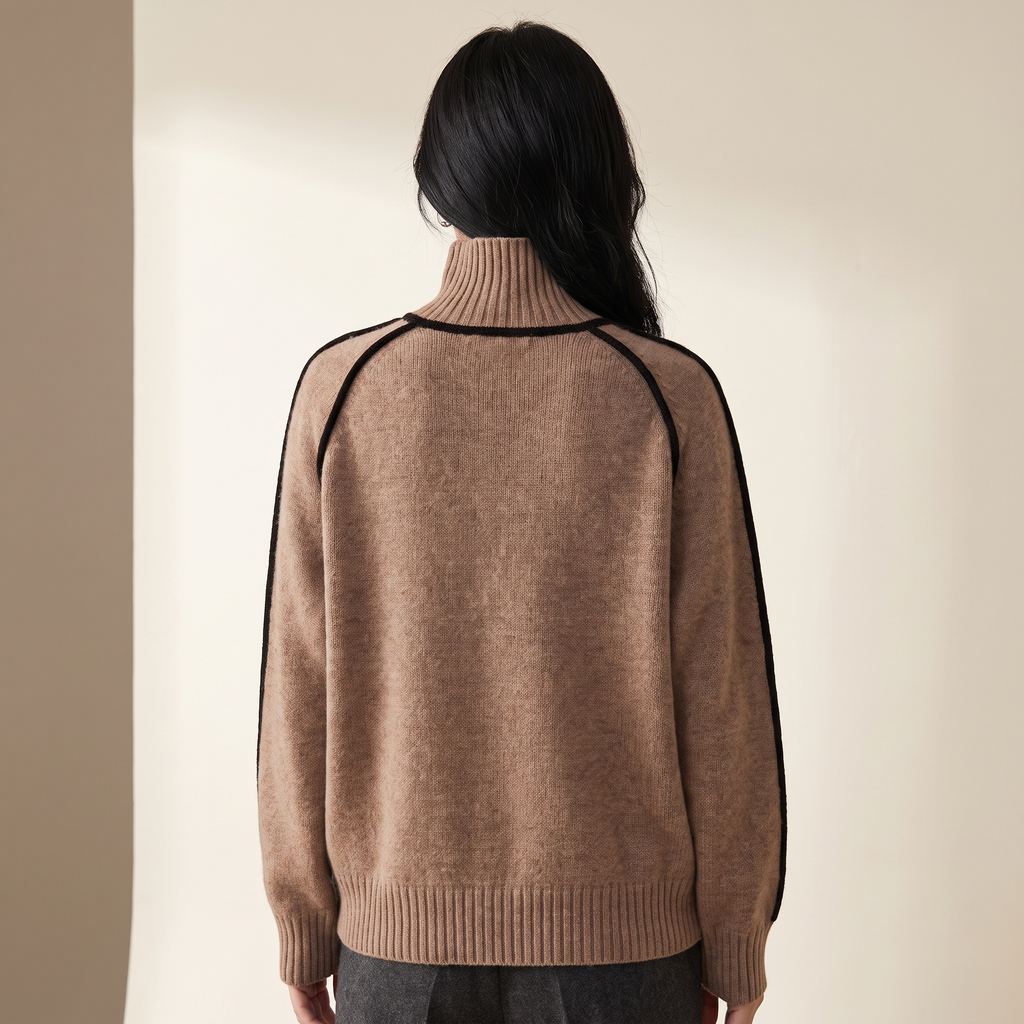 Dolcevita donna con profili a contrasto e bordi a coste, colore marrone mocha, vista posteriore