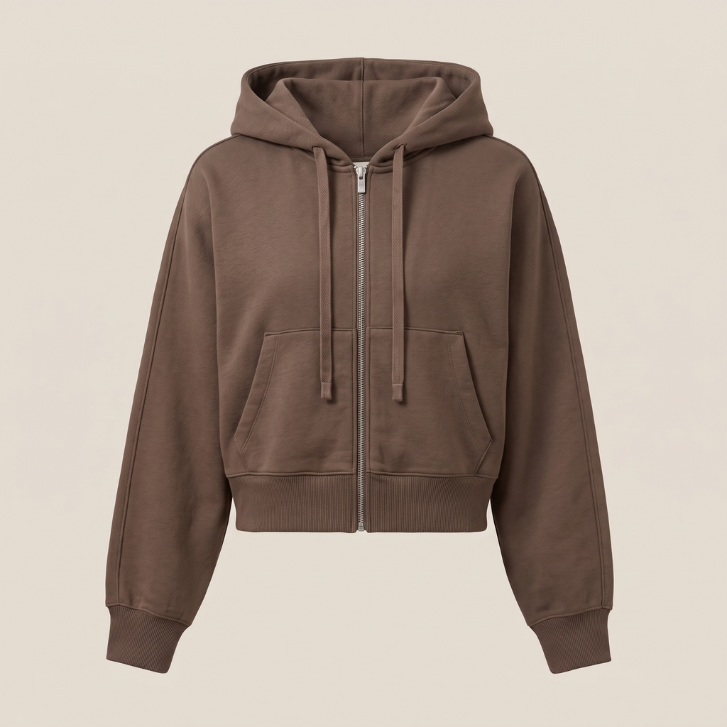 Felpa corta donna con zip intera e cappuccio, vista frontale