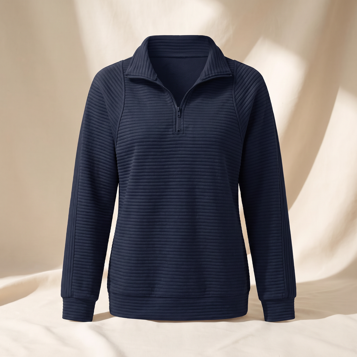Felpa donna a coste con collo alto e mezza zip nel colore blu