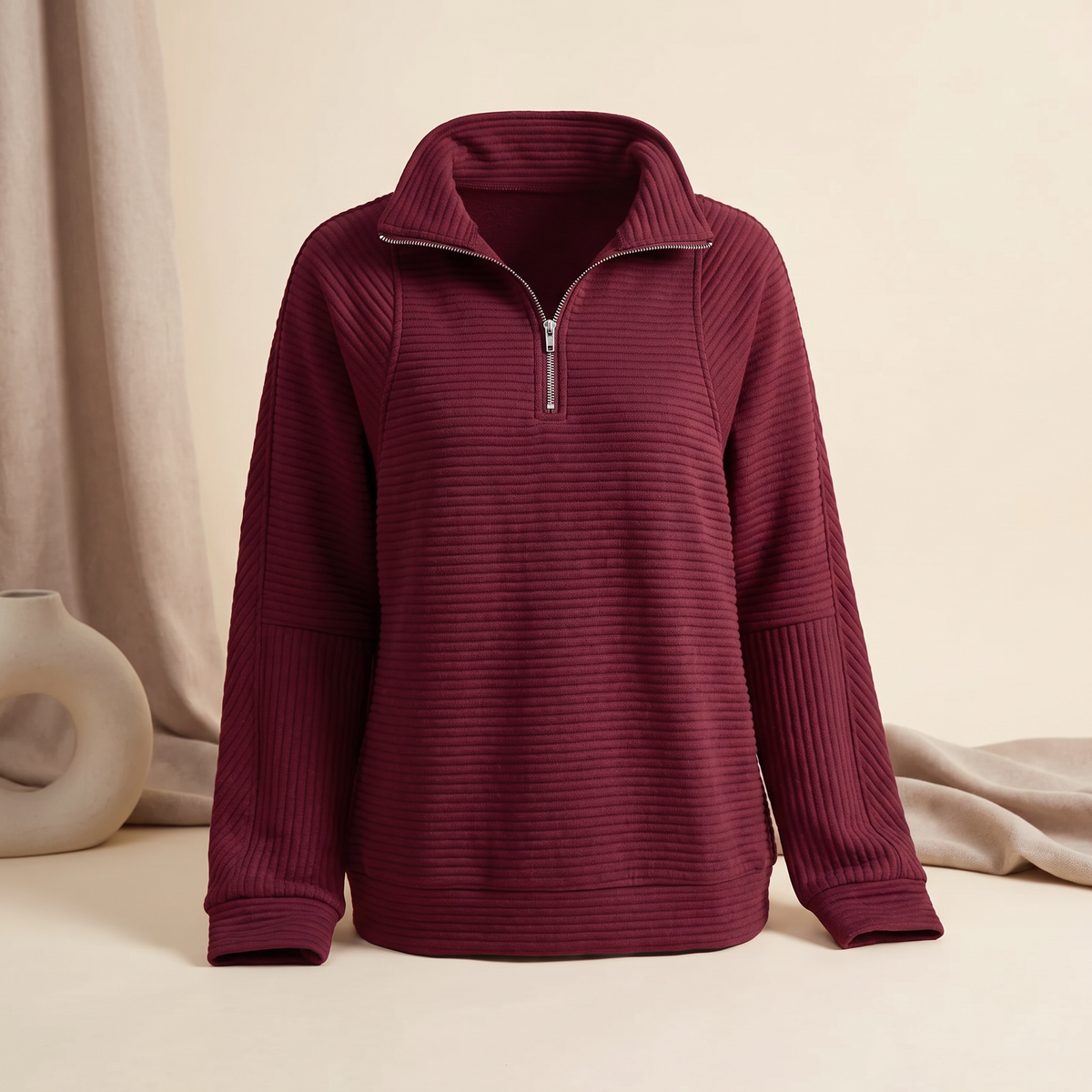 Felpa donna a coste con collo alto e mezza zip nel colore rosso