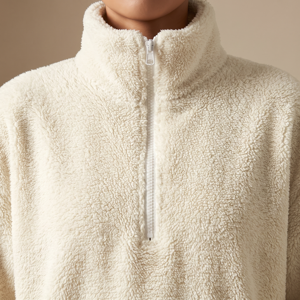 Felpa donna mezza zip collo alto con tasche, colore crema, dettaglio della mezza zip e del collo alto