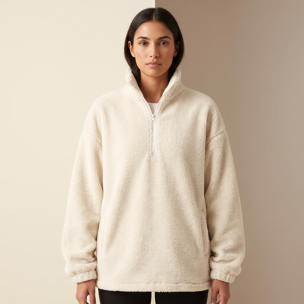 Felpa donna mezza zip collo alto con tasche, colore crema, scatto editoriale