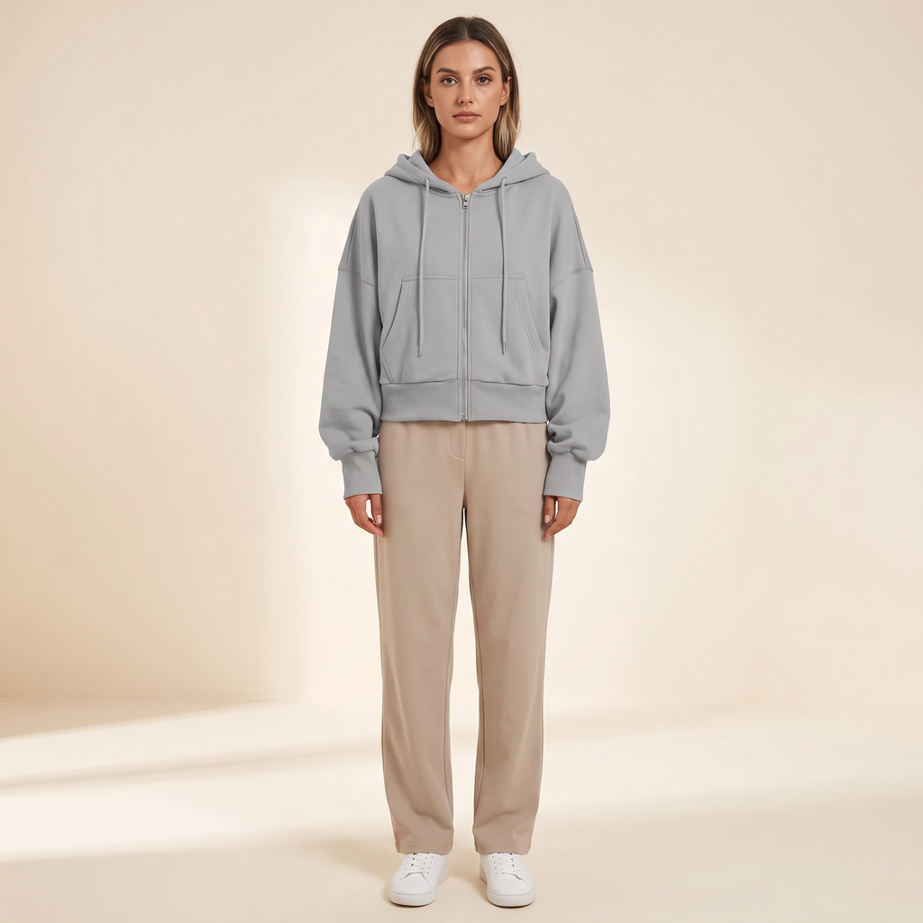 Felpa donna con zip intera in grigio, vista intera