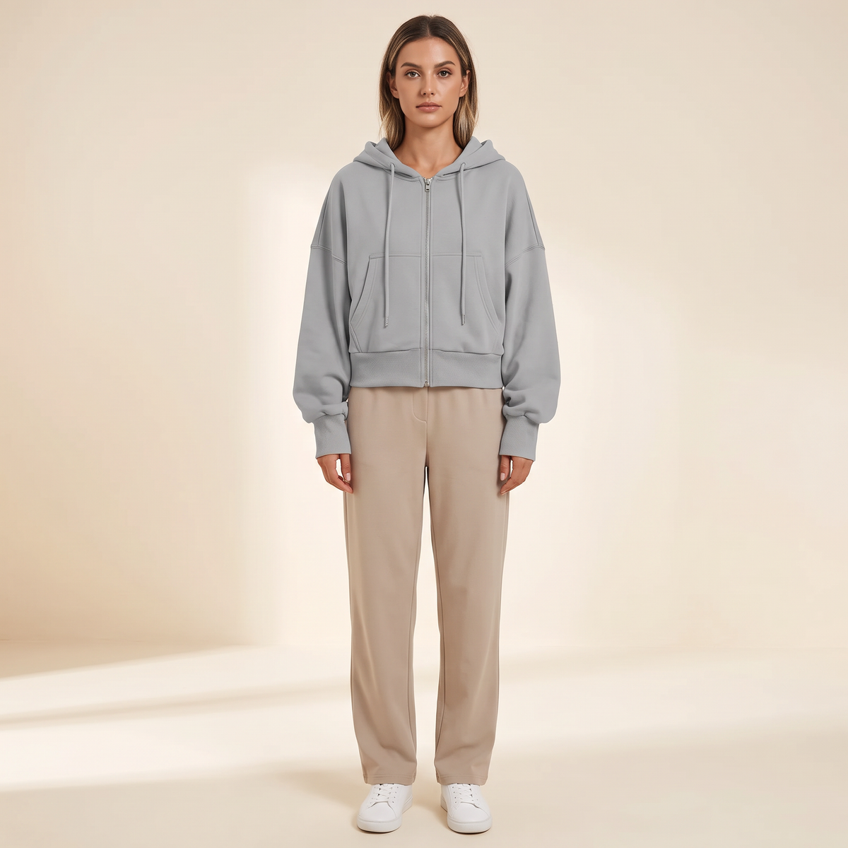 Felpa donna con zip intera in grigio, vista intera