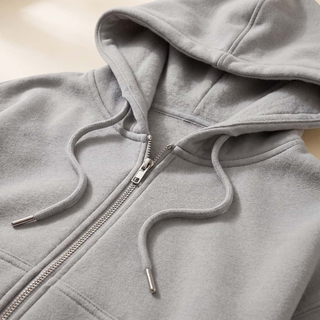 Dettaglio della zip, del cappuccio e della coulisse della felpa grigia