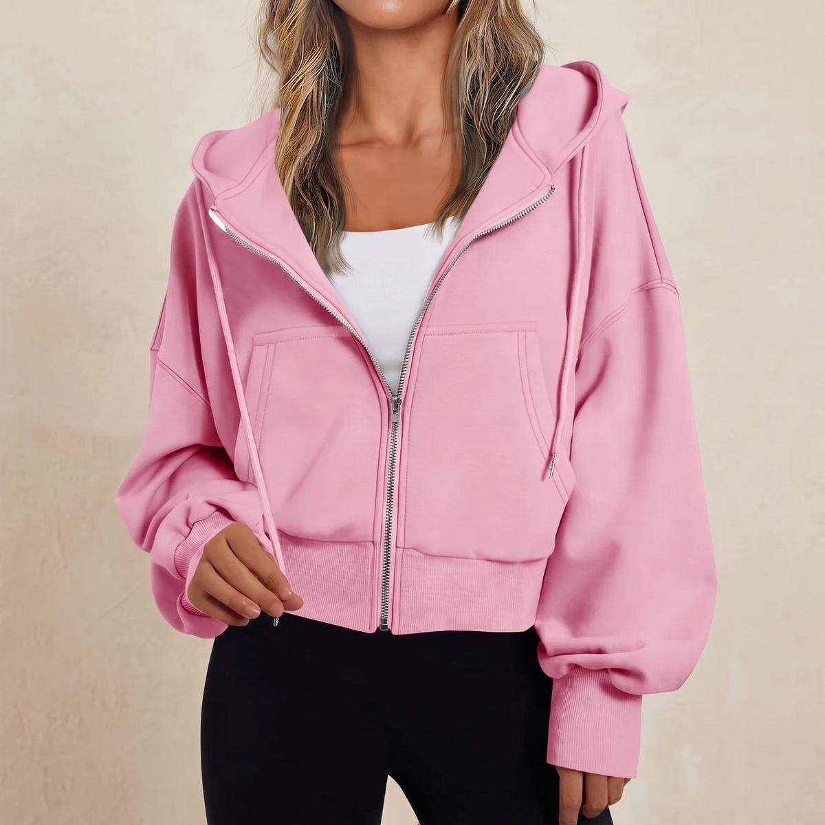 Felpa donna con zip intera e cappuccio con coulisse in rosa