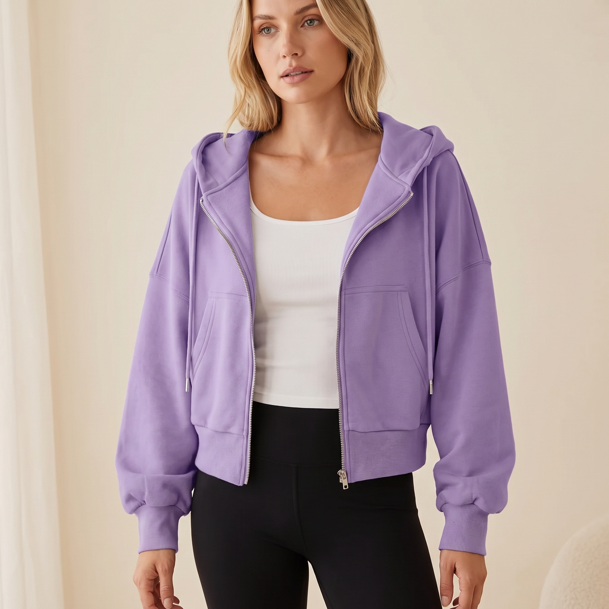 Felpa donna con zip intera e cappuccio con coulisse in viola