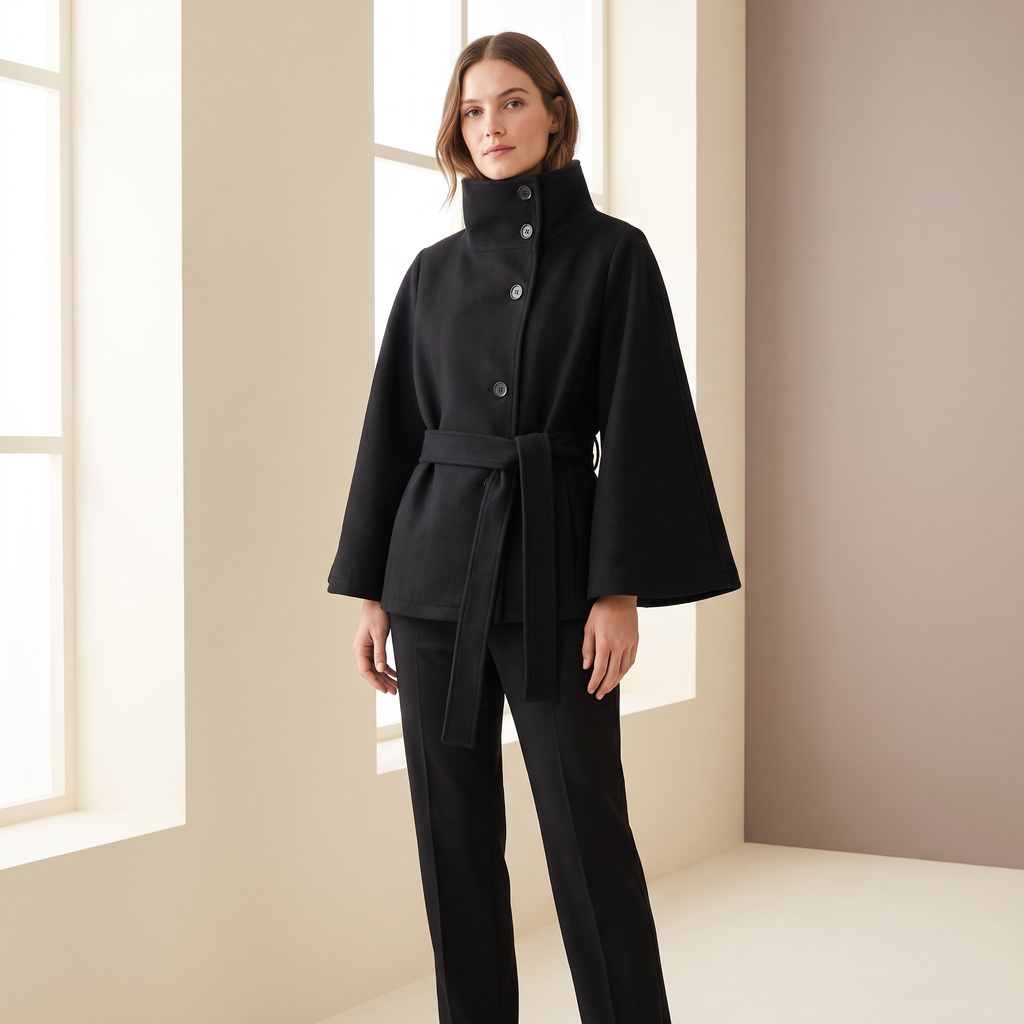 Giacca donna con cintura e collo alto, colore nero, figura intera