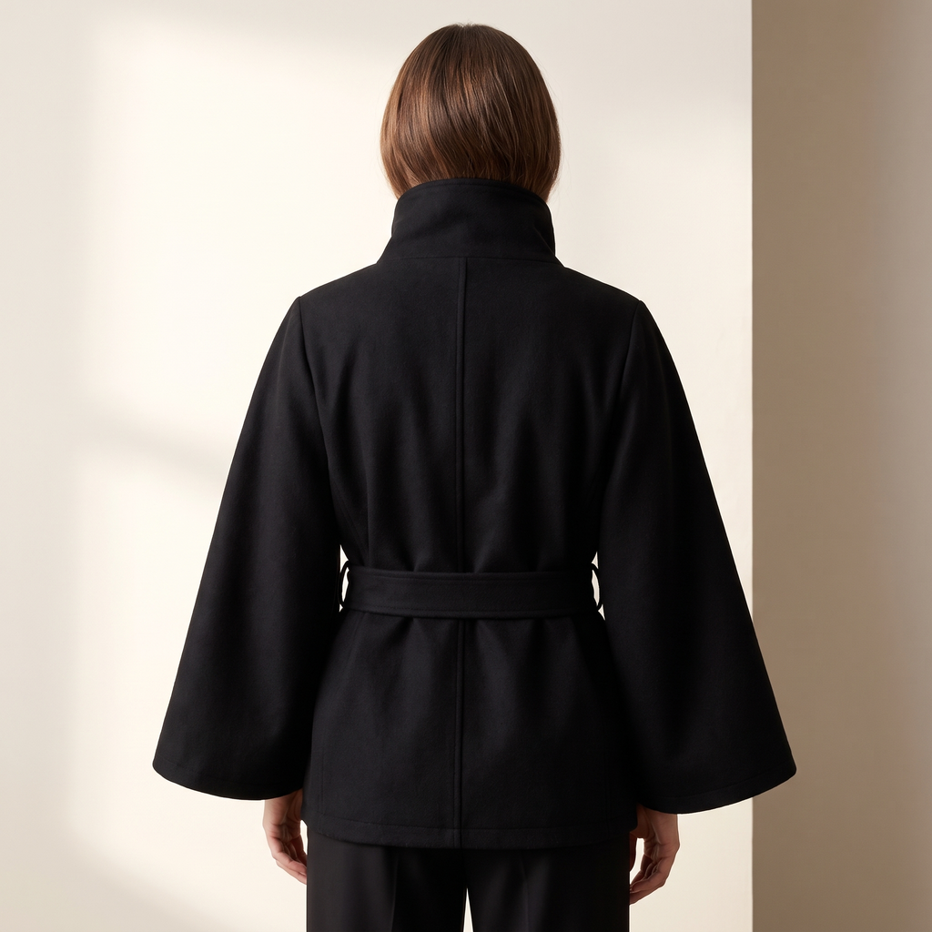 Giacca donna con cintura e collo alto, colore nero, vista posteriore