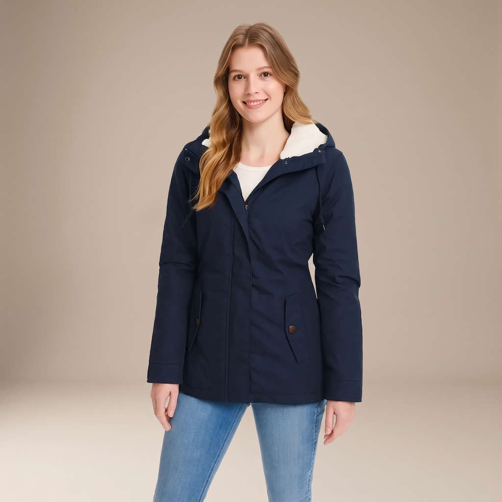 Giacca invernale donna con cappuccio blu navy, figura intera
