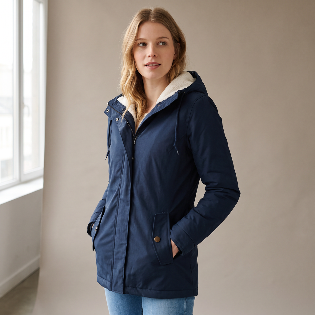 Giacca invernale donna con cappuccio blu navy indossata in contesto quotidiano