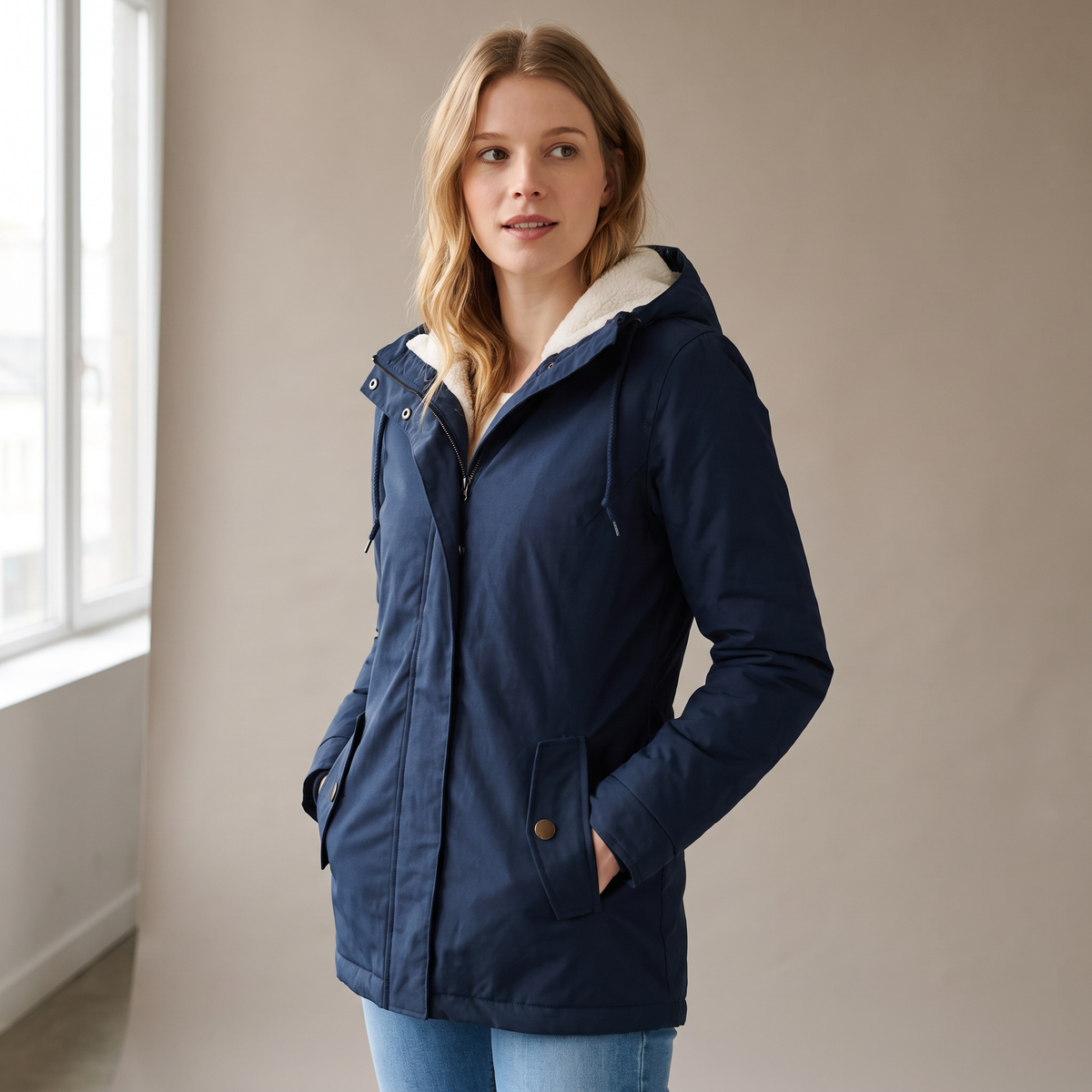 Giacca invernale donna con cappuccio blu navy indossata in contesto quotidiano