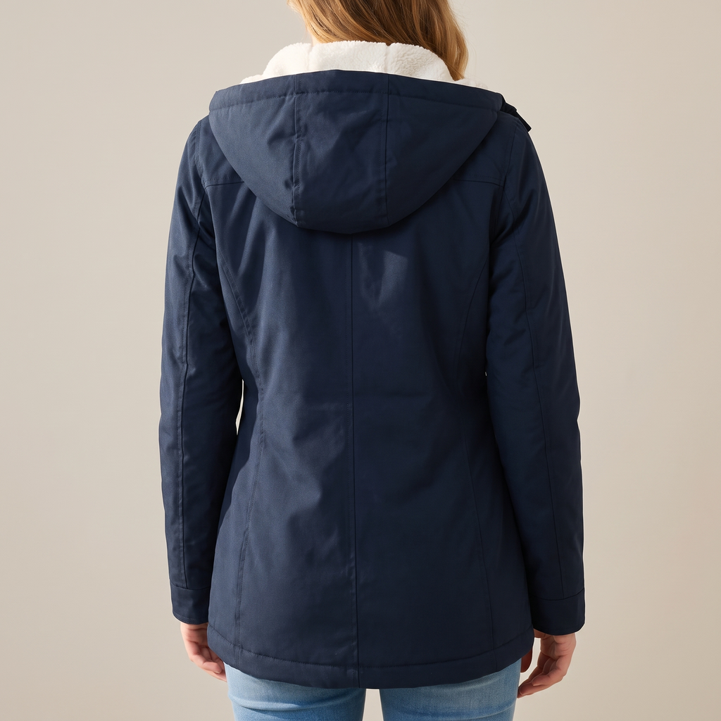 Giacca invernale donna con cappuccio blu navy, vista posteriore