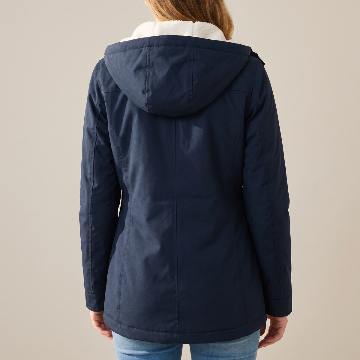 Giacca invernale donna con cappuccio blu navy, vista posteriore