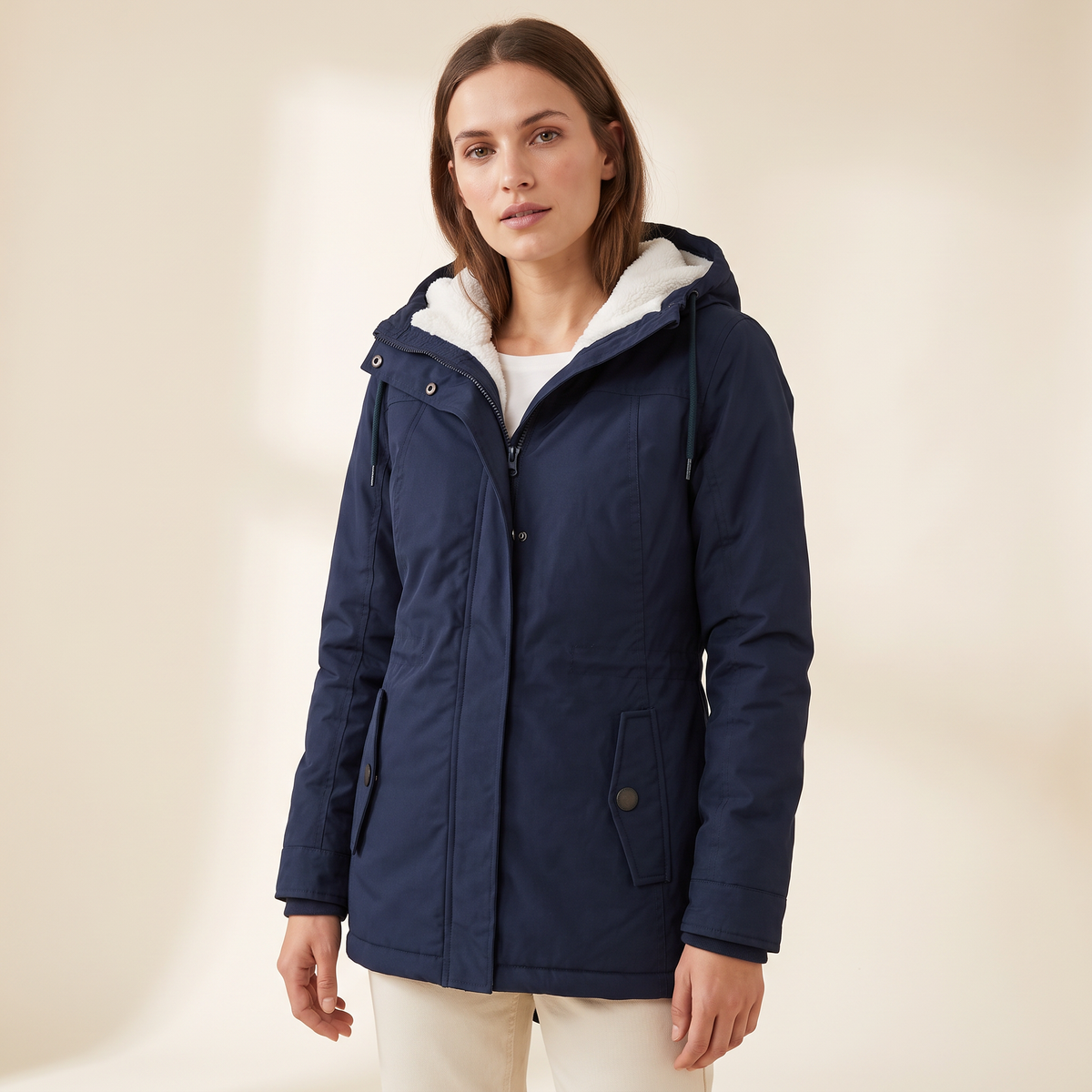 Giacca invernale donna con cappuccio grigio, vista frontale