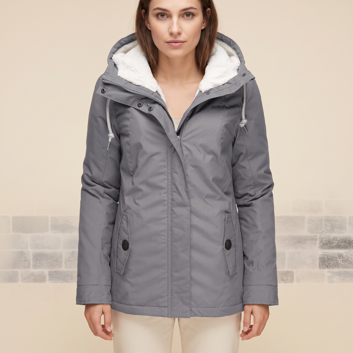 Giacca invernale donna con cappuccio marrone, vista frontale