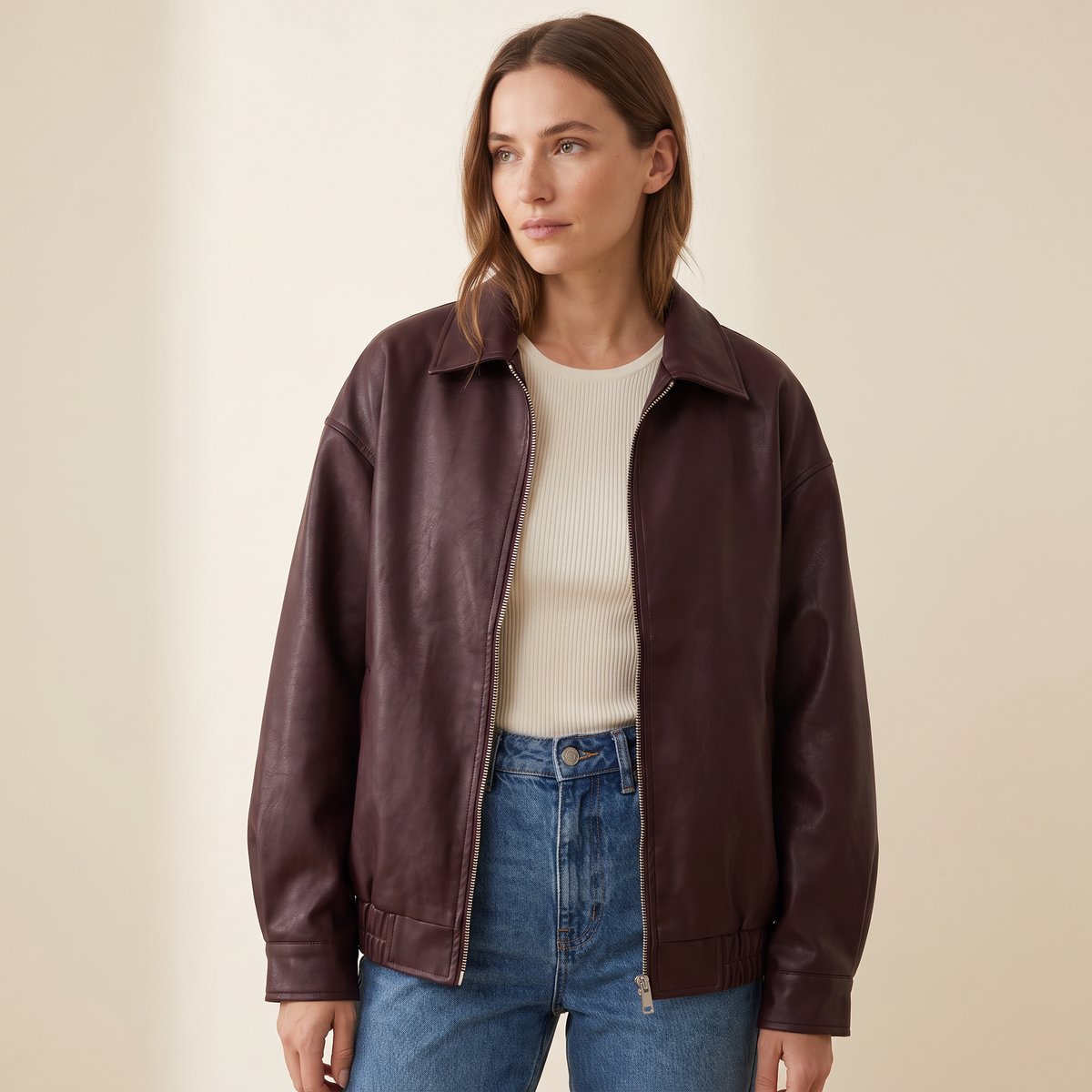 Giacca donna oversize in similpelle in bordeaux