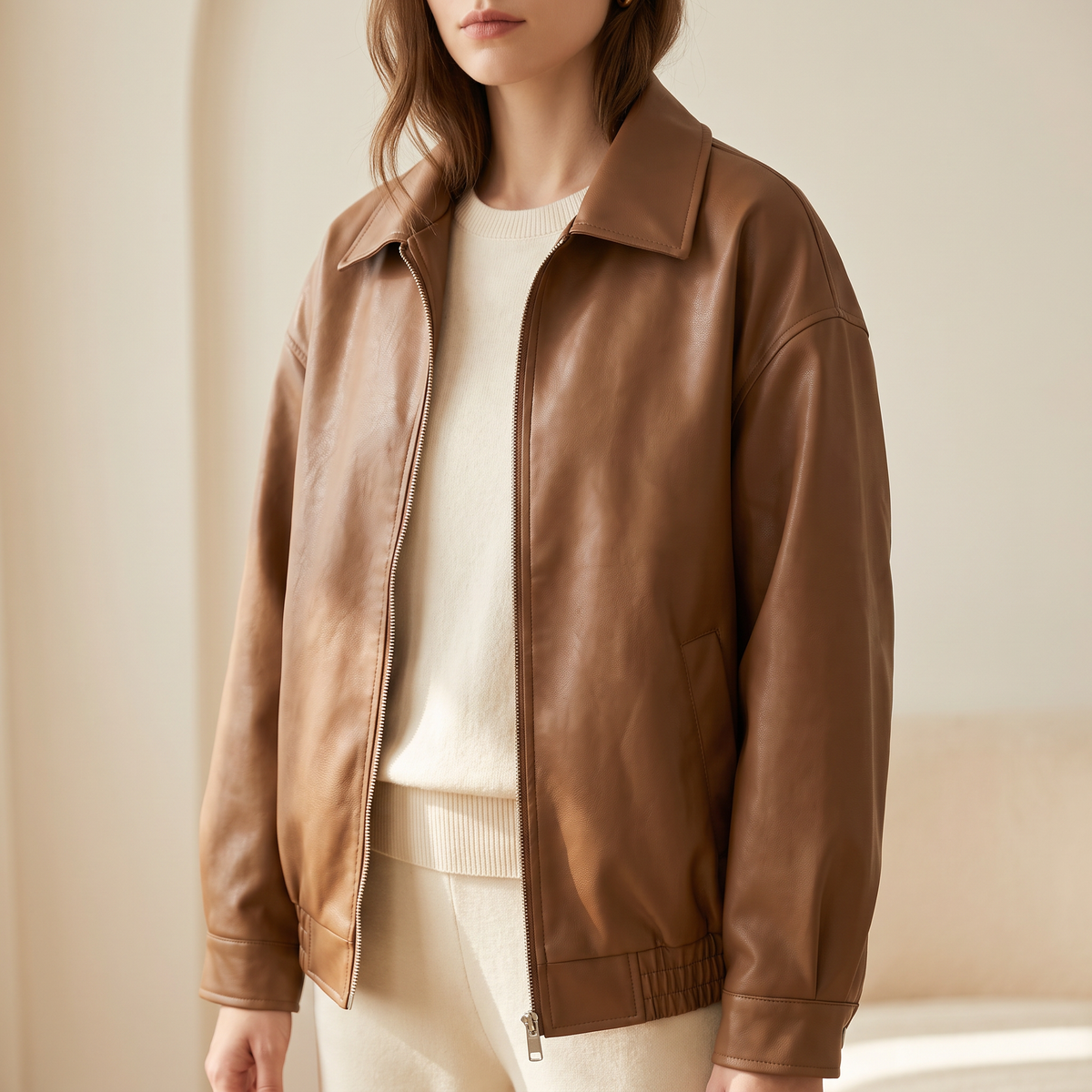 Giacca donna oversize in similpelle in caramello