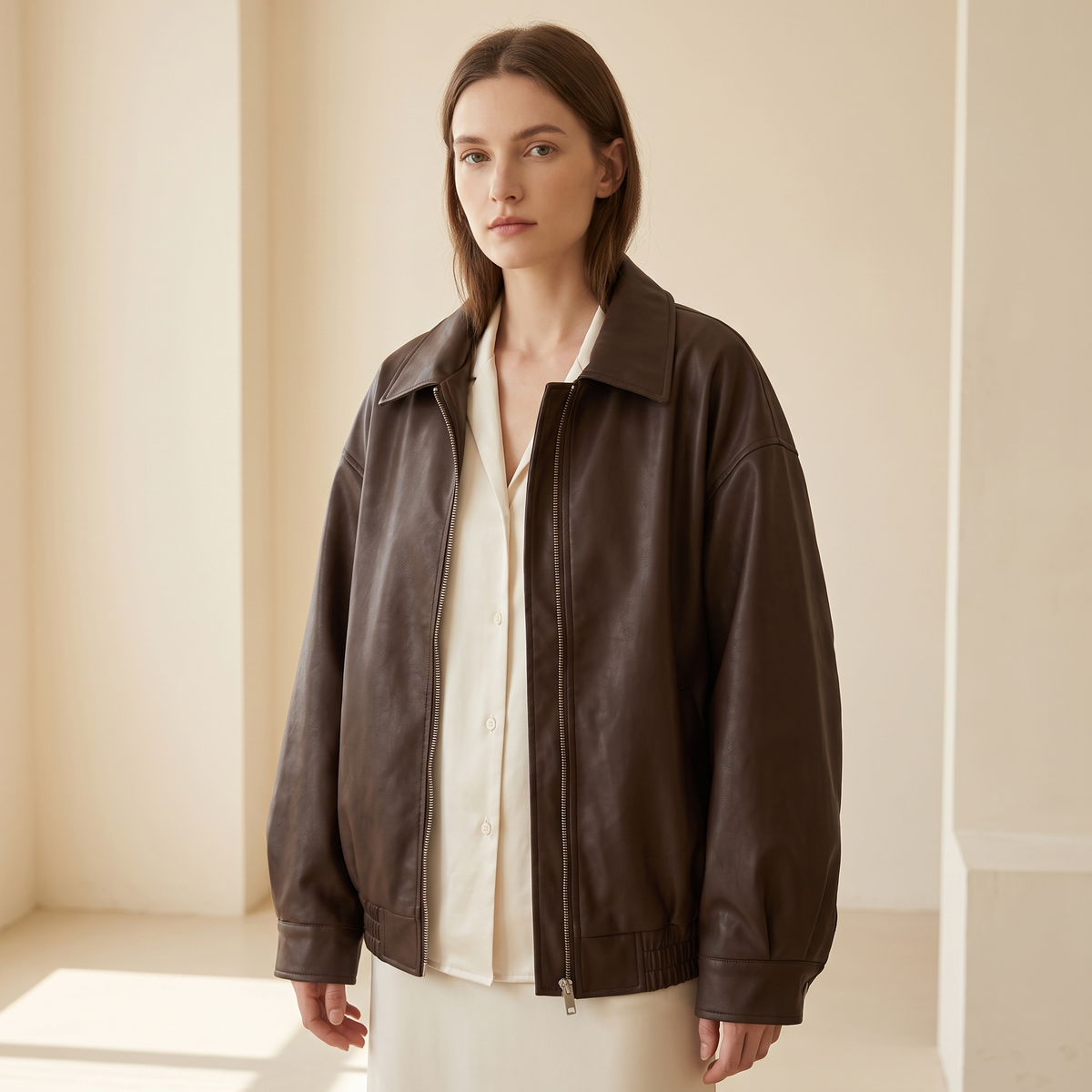 Giacca donna oversize in similpelle in marrone cioccolato