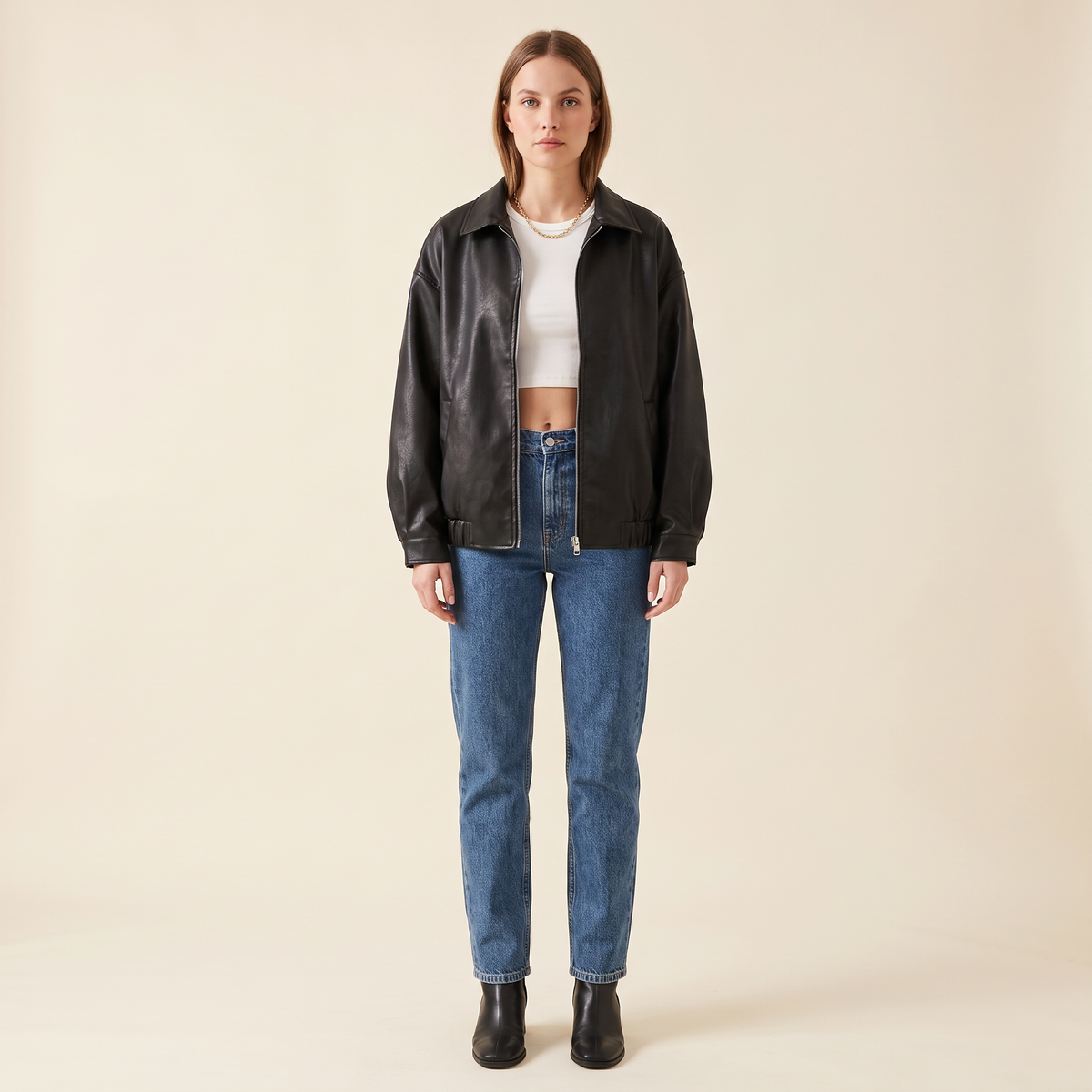 Giacca donna oversize in similpelle in nero, vista intera
