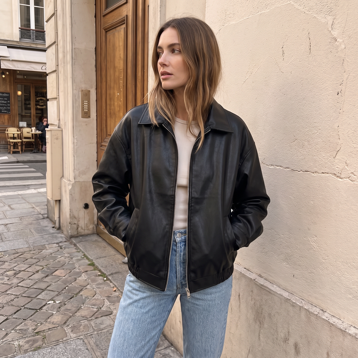 Giacca donna oversize in similpelle in nero indossata in città