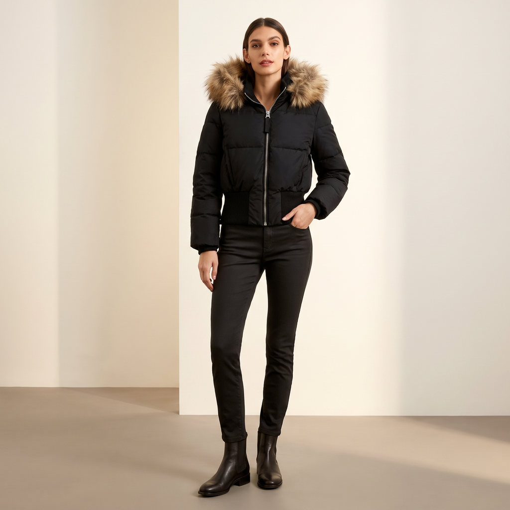 Giacca donna trapuntata con cappuccio in Nero, look completo