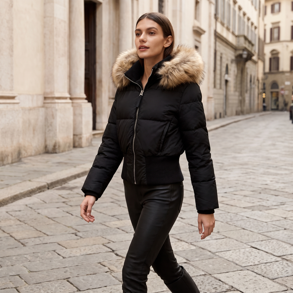 Giacca donna trapuntata con cappuccio in Nero, immagine lifestyle