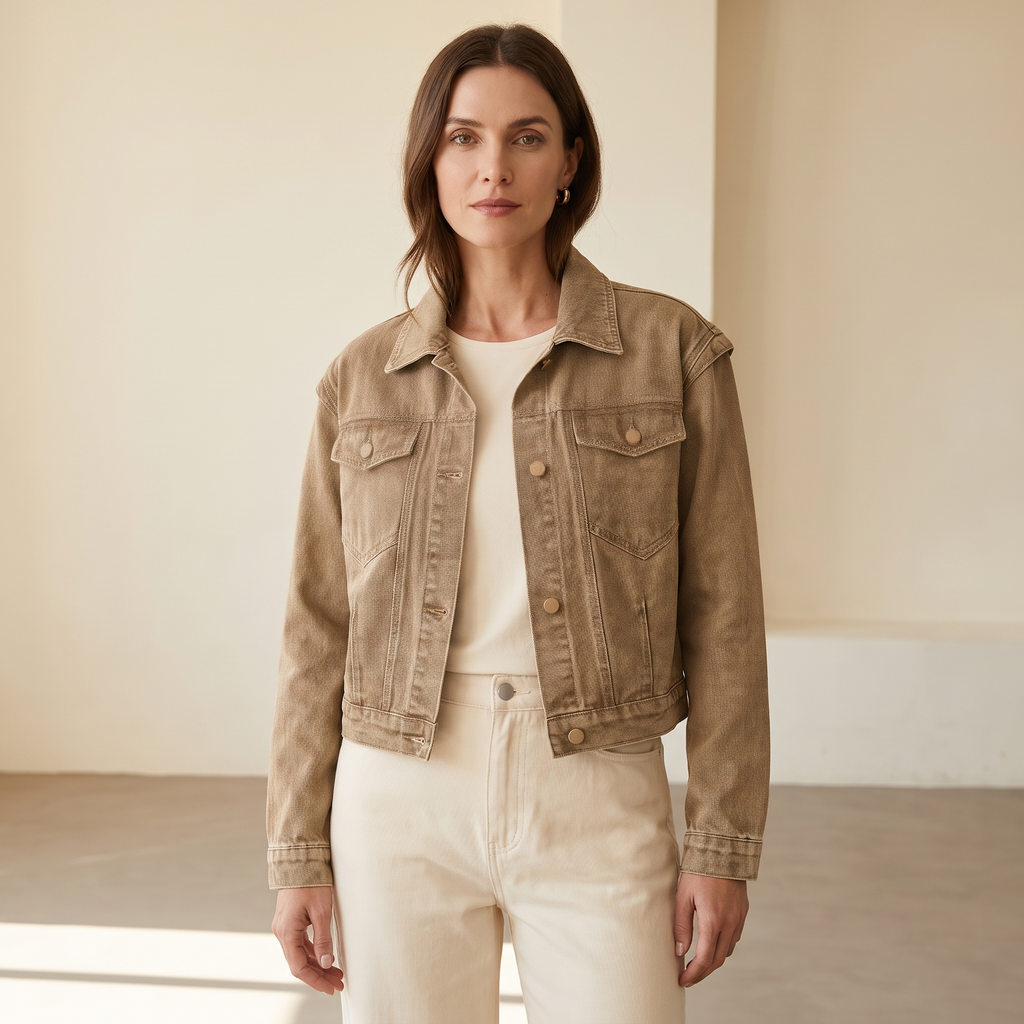 Giacca di jeans donna corta in Cachi, vista frontale
