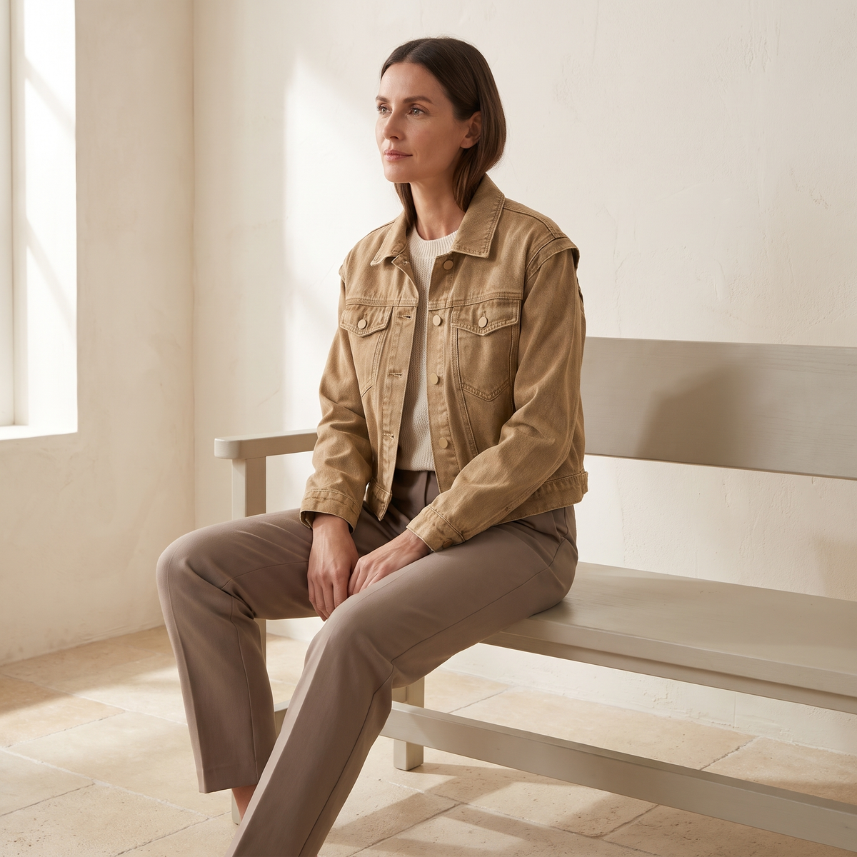 Giacca di jeans donna corta in Cachi, immagine lifestyle