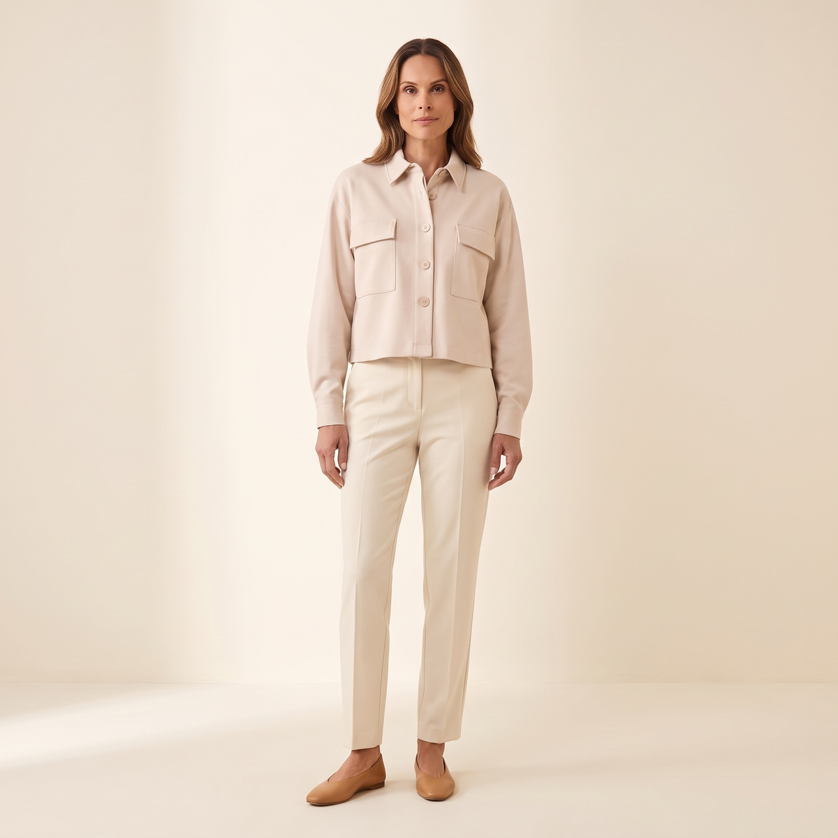 Giacca overshirt donna sfoderata beige chiaro, vista intera