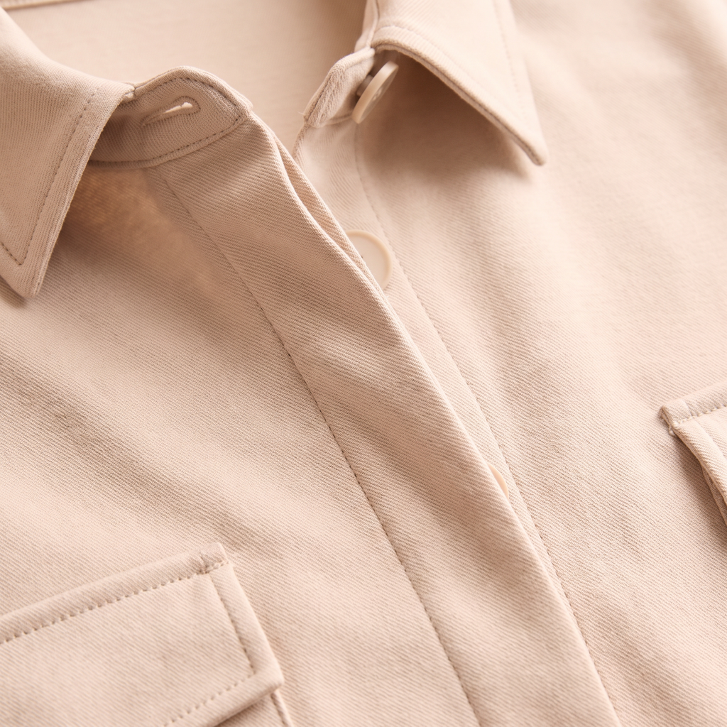 Dettaglio dei bottoni nascosti e del collo della giacca overshirt beige chiaro