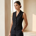 Gilet donna nero senza maniche con bottoni frontali, indossato