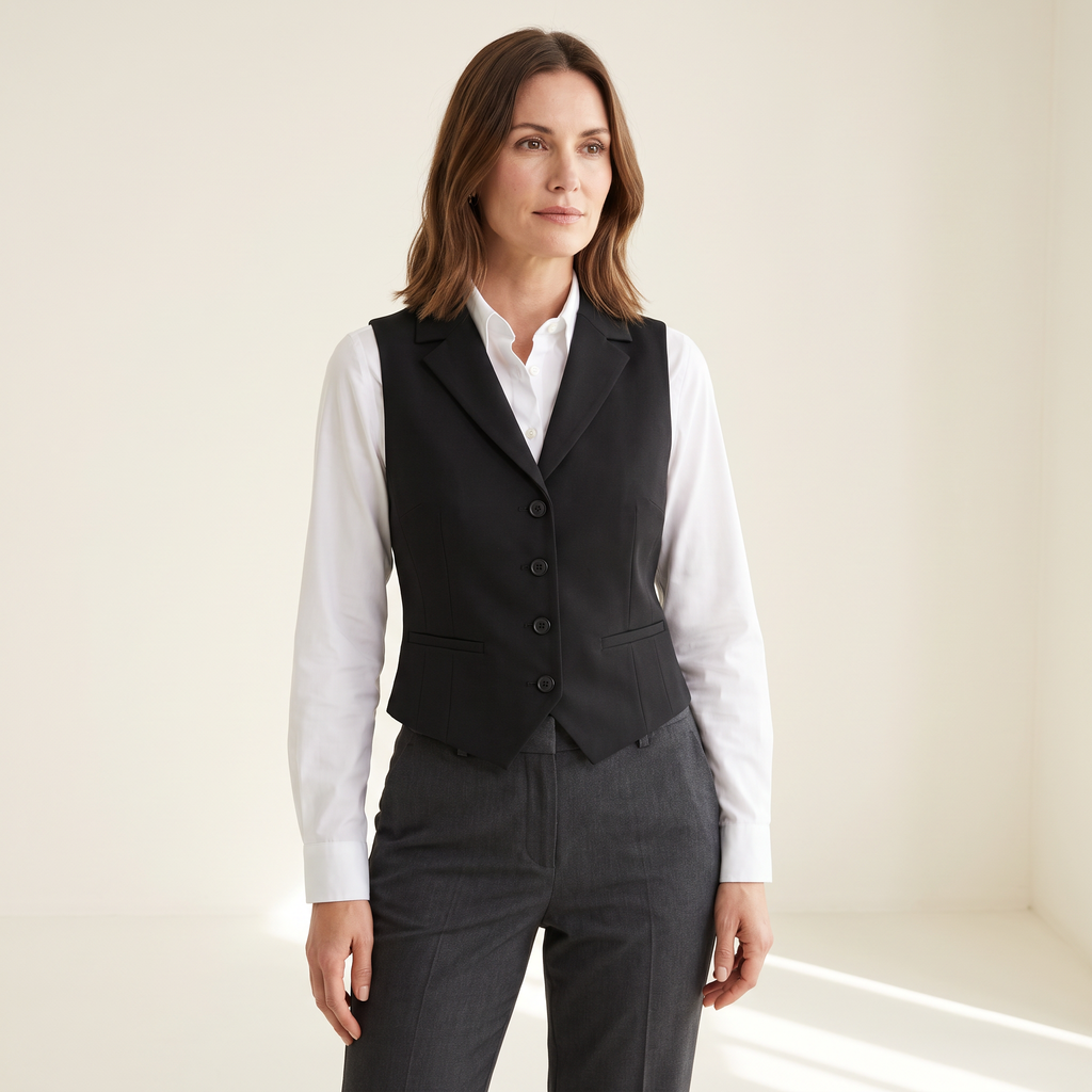 Gilet donna nero indossato su una camicia con pantaloni sartoriali