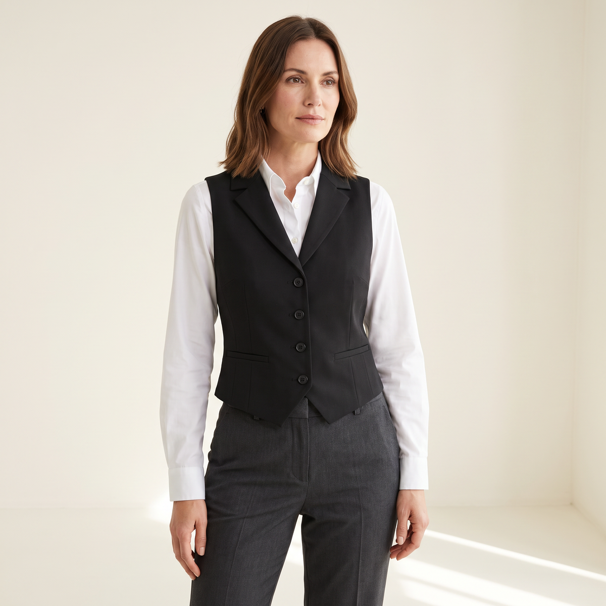 Gilet donna nero indossato su una camicia con pantaloni sartoriali