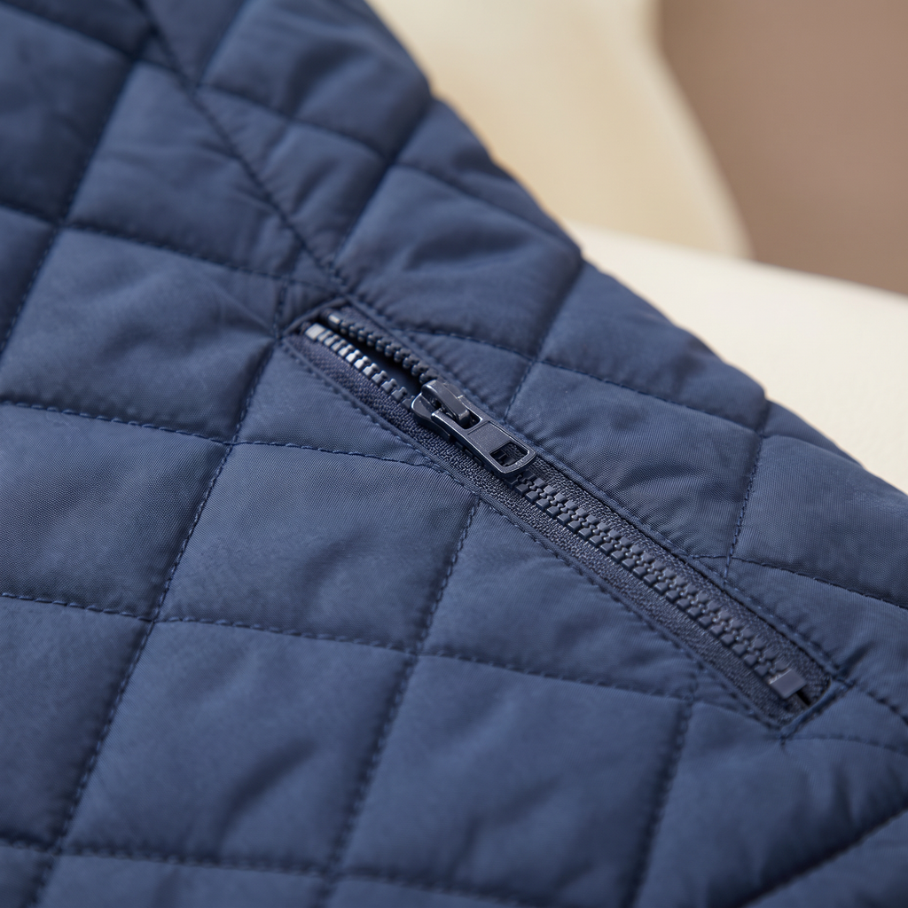 Gilet donna trapuntato senza maniche, colore blu, dettaglio della trapuntatura e della tasca con zip