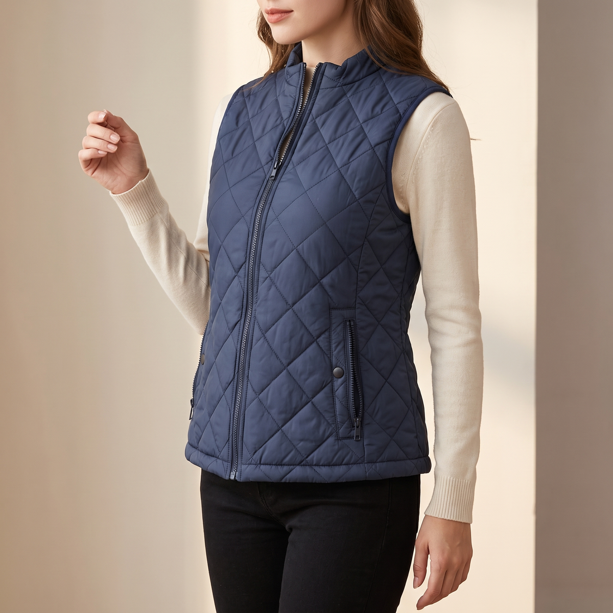 Gilet donna trapuntato senza maniche, colore blu, scatto editoriale